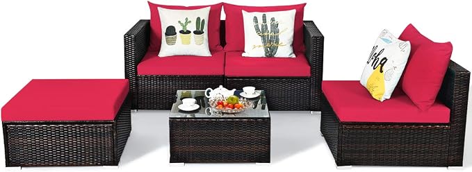 Tangkula 5 Piece Outdoor Patio Furniture Set, Sturdy Frame and Weight Capacity Up to 360 Pounds, Wicker Sectional Sofa Set with Glass Top Coffee Table, Porch Garden Poolside Furniture for 4 (Red)