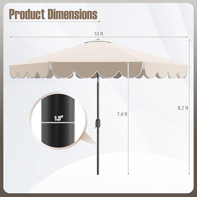 Tangkula 10 FT Patio Umbrella, 2-Tiers Scalloped Outdoor Table Market Umbrella with Tilt Adjustment, Crank, 8 Sturdy Ribs for Pool, Deck, Backyard (Beige)