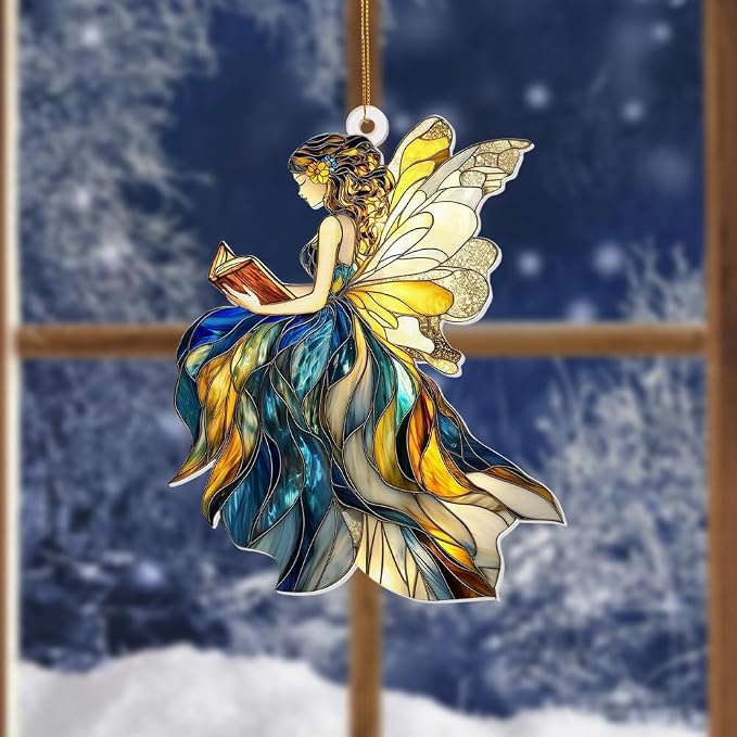Fairy Stained Glass Style Acrylic Suncatcher, Fairy Ornament Window Hanging, Book Lover Gift for Women, Fantasy Fairy Decor, Book Lover, Librarian Gifts, Christmas Tree Ornament 4.5 Inch(Sun-01)