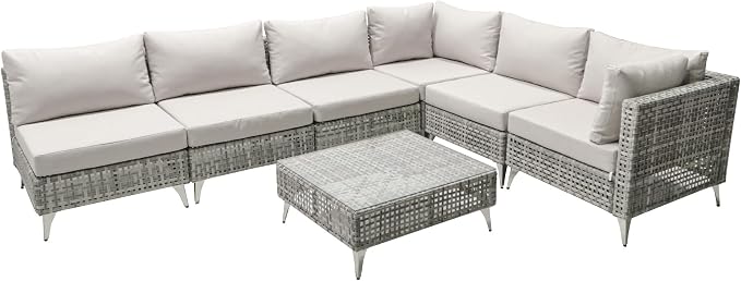 YOPTO 7-Piece Wicker Patio Furniture Set with Water Resistant Thick Cushions & Coffee Table,Outdoor Conversation Set Sectional Sofa W/Removable Cushions Cover,Free Combination,for Patio,Backyard,Gray