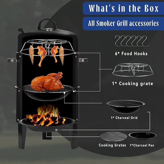 3-in-1 Vertical Charcoal Smoker Grills For Backyard Barbecues, 17 Inch Portable Smoker bbq Grill with Thermometers and 2 Access Doors for Parties Outdoor Camping Cooking (17 Inch)