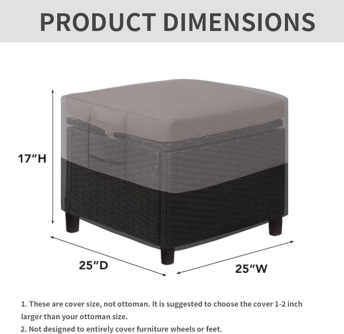 Easy-Going Outdoor Ottoman Cover, Waterproof Patio Ottoman Cover, Heavy Duty Outdoor Furniture Cover with Padded Handles (2 Pack-25"x25"x17", Gray/Black)