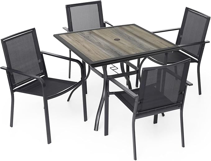 Anmutig Patio Square Table and Chairs Set of 4 with Outdoor Black Stackable Dining Chairs and 37" Wood-Like PVC Table