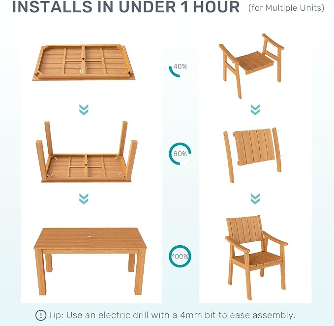 ZHUSI Outdoor Dining Set for 6 HDPE (Teak, 5 PCS)
