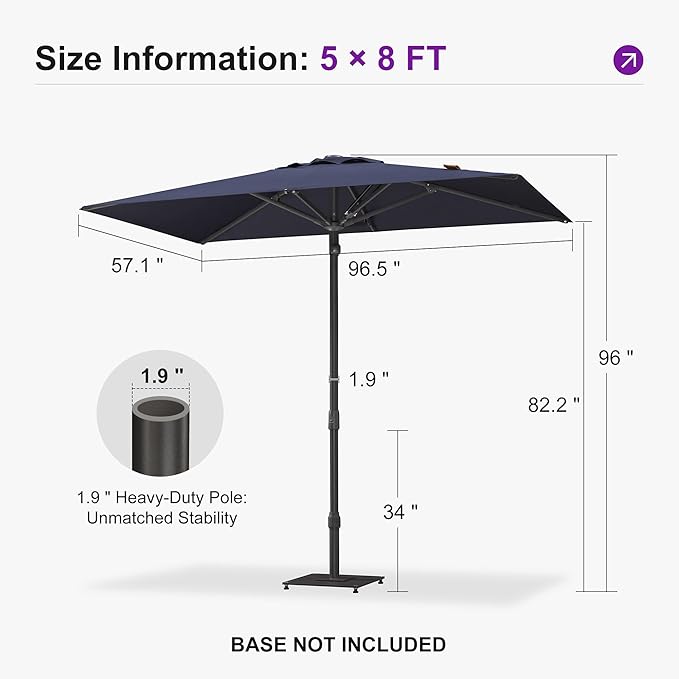 PURPLE LEAF 8' x 5' Rectangular Semi-Auto Outdoor Patio Umbrella Aluminium Market Umbrella Table Sun Umbrella with 1.89" Rod and 6 Sturdy Ribs for Deck Lawn Pool Garden, Navy Blue