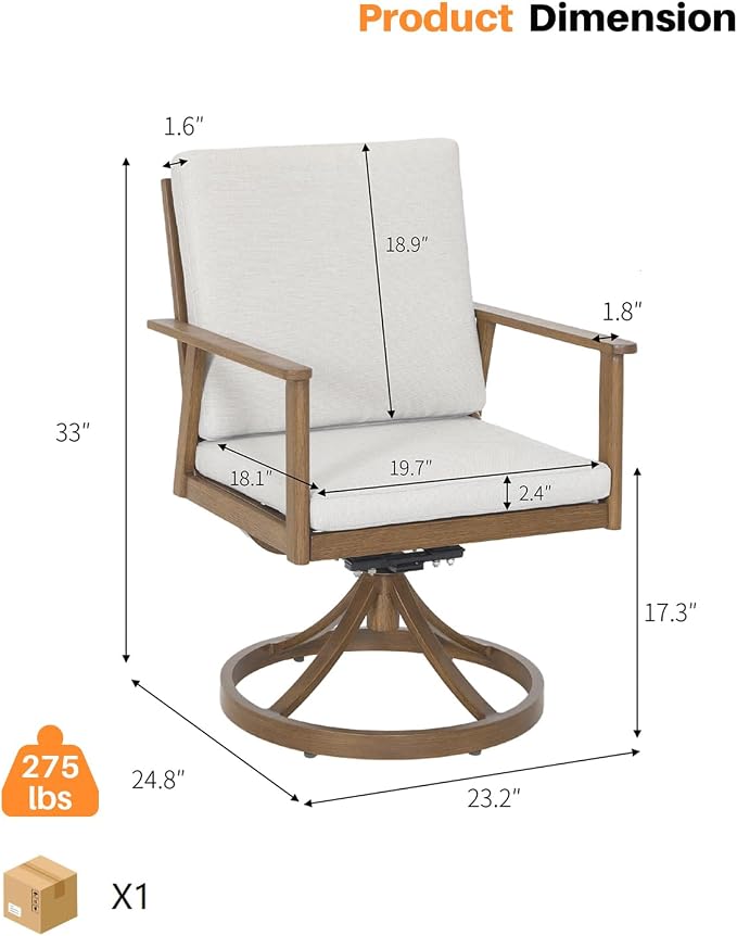 Outdoor Swivel Patio Dining Chair Set of 2, Never-Rust Outdoor Aluminum Patio Swivel Chairs with Cushions, Patio Dining Furniture Chairs Set for Garden, Backyard, Porch, Lawn, Teak