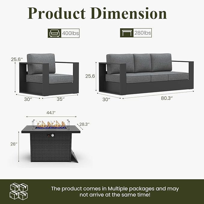 LayinSun Oversized Aluminum Outdoor Furniture Set, 4 Piece Patio Sofa Sets with Fire Pit Table, Deep Seating and Upgraded 6-inch Cushions for Porch, Balcony, Deck