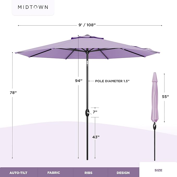 Midtown Umbrellas - 10-Year-No-Fade 9 Ft Patio Umbrella with Terylast Fabric, Auto-Tilt Aluminum Frame and 8 Reinforced Ribs for Deck, Pool, Garden & Beach - Purple Canopy, Black Pole