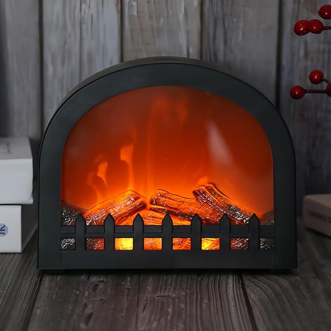 Simulated LED Fireplace Lantern USB & Battery Powered Flameless Light with Simulation Flame Table Decorative Lamp Mini Fireplace Ornament for Cozy Home Decor Free Standing Electric Log Burner