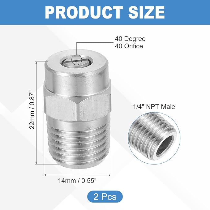 uxcell 2Pcs Pressure Washer Nozzle, Stainless Steel Thread Nozzles Tips, Universal Replacement for Undercarriage Cleaner Water Broom, 1/4 Inch NPT Male, 40 Degree 040 Orifice