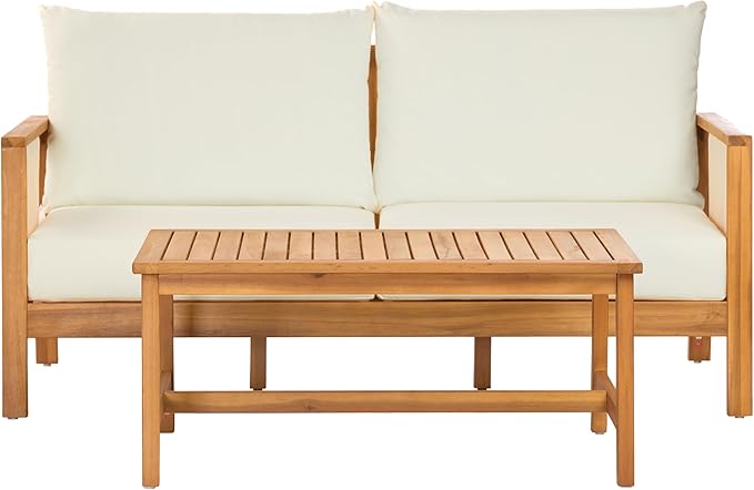 Christopher Knight Home Crew Acacia Wood Outdoor Loveseat and Coffee Table Set, 2 Piece Patio Furniture Set with Removable Cushion, Solid Wood Outdoor Conversation Set, Teak+Beige