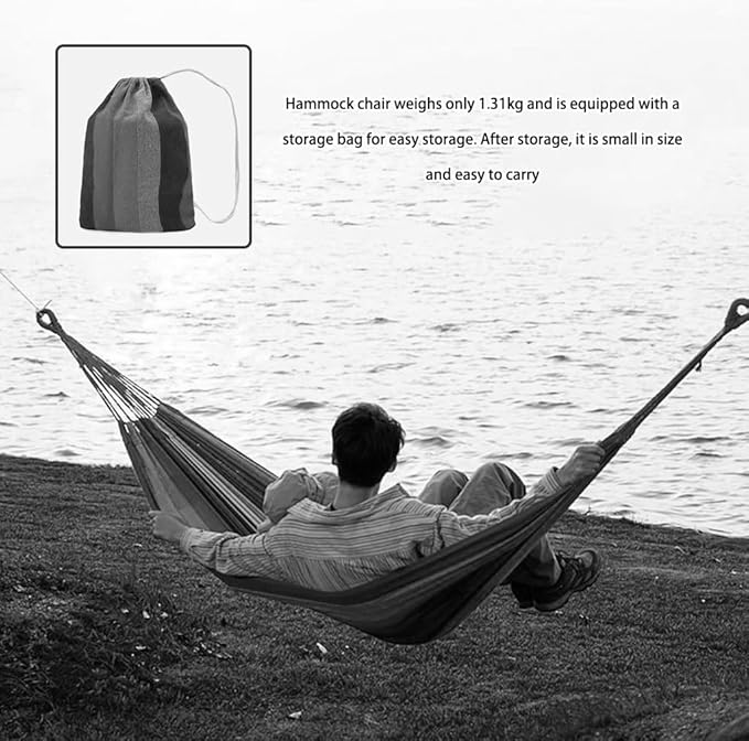 Outdoor Hammock, Thickened Anti-Rollover Hammock Chair for Camping, Compact and Portable Swing with Storage Bag, Load Bearing 150kg/330.7lbs(Grey-Blue)