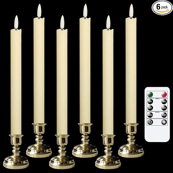 Wondise Flickering Taper Candles with Timer and Remote, 9 Inch Battery Operated 3D Wick Real Wax Ivory Candles for Wedding Party Christmas Decoration, Set of 6(D0.8 x H9.6 Inch)