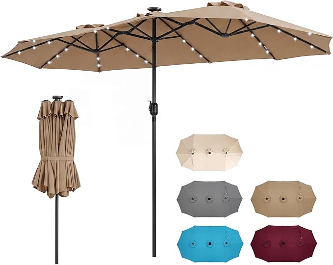 Tangkula 13 Ft Solar Patio Umbrella, Double-Sided Extra Large Outdoor Market Table Umbrella with 36 LED Lights, Crank Handle, 12 Sturdy Ribs for Poolside, Garden & Backyard (Tan)