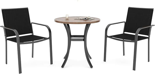 Anmutig 3 Piece Outdoor Patio Dining Set with 27.5" Wood-Like Brown Round Table Top and 2 Stackable Black Chairs