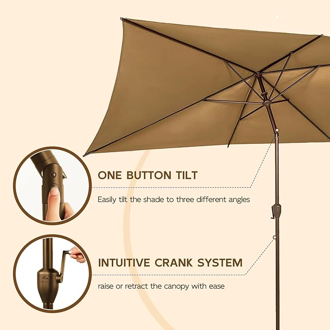 Abba Patio 6.5FT Outdoor Patio Umbrella Outdoor Table Umbrella with Crank Market Umbrella 6 Sturdy Ribs UV Protection Waterproof and Push Button Tilt for Garden Deck Backyard Pool,Tan