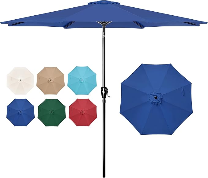 Simple Deluxe 9FT Outdoor Patio Umbrella UV-Protection Table Umbrella with Push Button 8 Ribs Tilt/Crank Waterproof Market Umbrella for Garden, Backyard, Pool, Deck, Blue