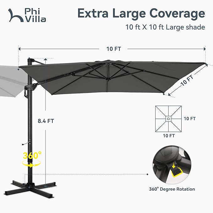PHI VILLA 10ft Patio Umbrella with Base. 360° Rotation & 7-Level Tilt Outdoor Cantilever Umbrella with Easy Crank Handle. Square Offset Umbrella Heavy Duty for Garden Poolside Backyard (Grey)