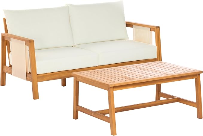 Christopher Knight Home Crew Acacia Wood Outdoor Loveseat and Coffee Table Set, 2 Piece Patio Furniture Set with Removable Cushion, Solid Wood Outdoor Conversation Set, Teak+Beige