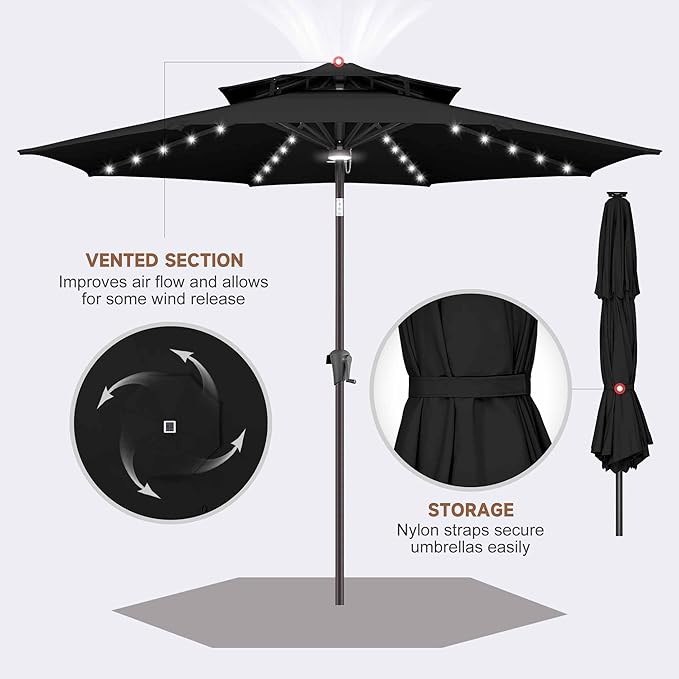 Jarka&Co 9ft Solar Patio Umbrella - 2 Tiers Solar Outdoor Umbrella with 40 LED Lights Waterprool UV Protection, Market Table Umbrella with Tilt for Backyard, Garden, Pool, Porch (Black)