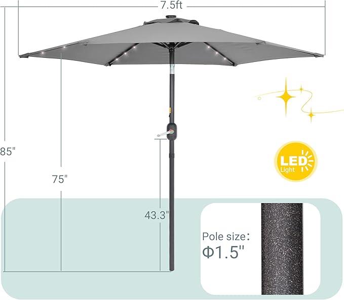 7.5ft Outdoor Umbrella Patio Umbrella with Solar Lights,18 LED Lighted Table Market Outdoor Umbrella, 2-Year-Non-Fading, for Pool, Deck, Garden,Backyard