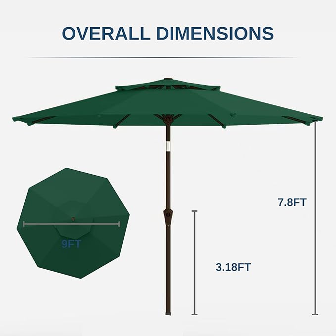 9ft 2-Tiers Patio Umbrella,Outdoor Market Table Umbrella with Push-Button Tilt & Crank | UV Protection,Suit for Backyard,Garden,Pool,Deck(Dark Green)
