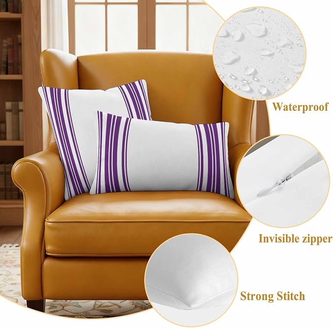 Outdoor Waterproof Throw Pillow Covers Set of 2 Purple Stripes Pillowcases 18x18 Inches White Vertical Striped Decorative Pillows Cushion Case Patio Pillows for Couch Bed Chair Garden
