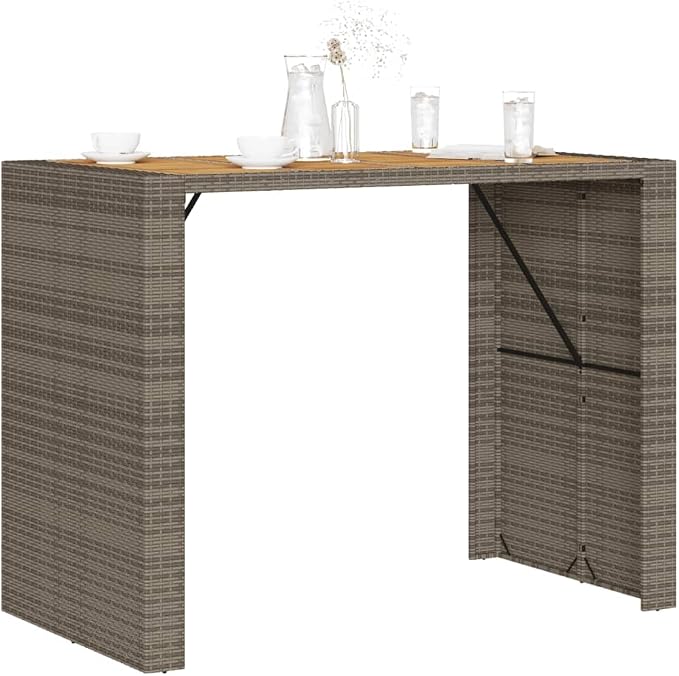 Grey Rectangular Bar Table Solid Acacia Wood Top Powder Coated Steel Frame Modern Outdoor Furniture for Garden Patio Balcony