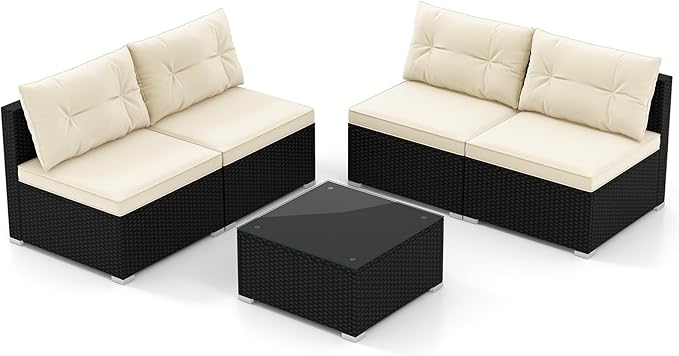 5 Pieces Patio Furniture Set, Outdoor Sectional Sofa with Tempered Glass Coffee Table & Cushions, Wicker Patio Conversation Set for Porch, Deck, Balcony, Poolside & Backyard