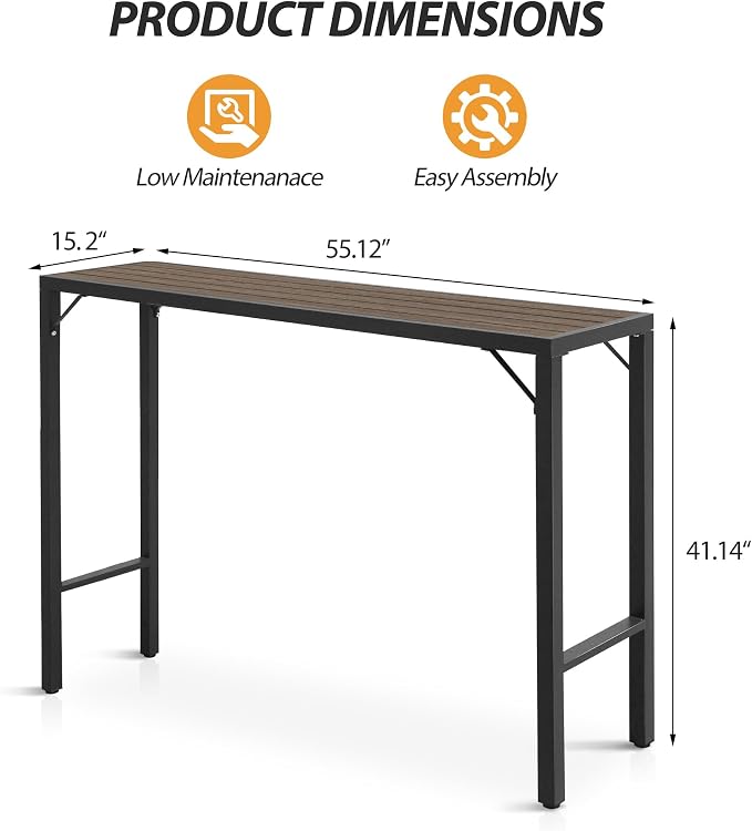 Outdoor Bar Table, 55” Patio Bar Height Table, Bar Counter Pub Dining Table with Waterproof Top for Balcony, Garden, Yard, Poolside (Brown), BTZ001-140Br