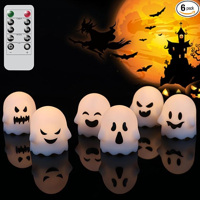 Ghost Halloween Decorations Flameless Candles with Remote Timer, 6 Pack Grimace Ghost Candles, Battery Operated Halloween Lights Dimmable Halloween Decor Indoor
