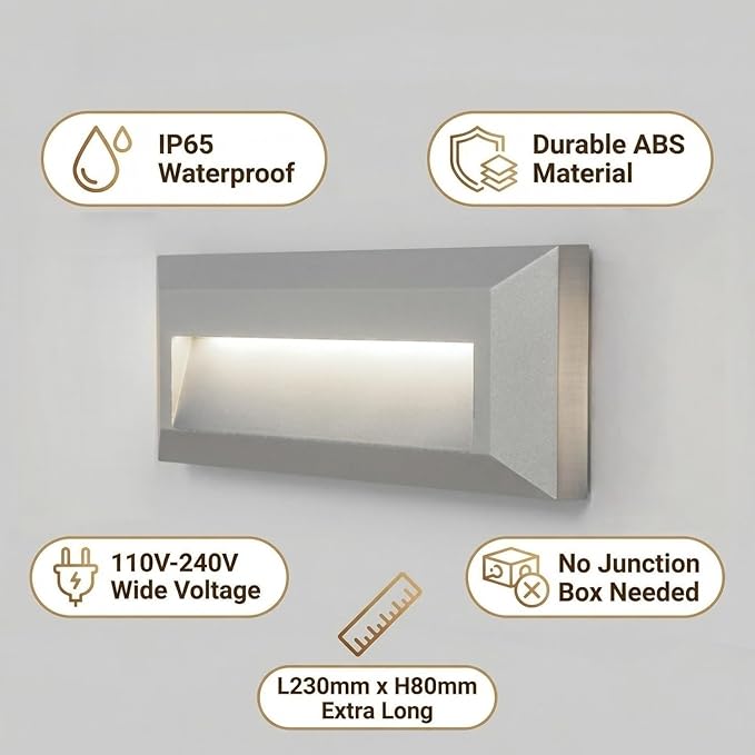 ZONK LED Outdoor Indoor Stair Lights, Line Voltage 110-240V 2W Landscape Pathway Step Light, 9Inch Non-dimmable 4000K IP65 Waterproof Stairway Lighting, Deck Lights, Retaining Wall Lights, 3 Pack