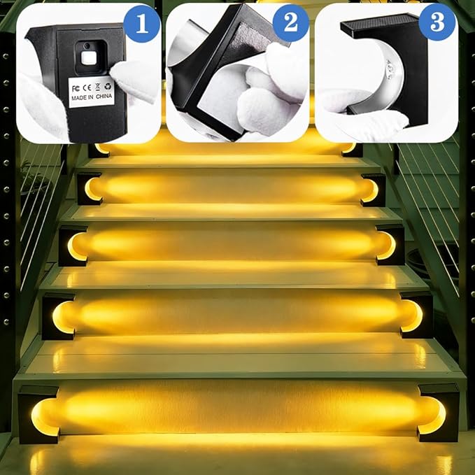 Upgraded Wireless Solar Step Lights. 5X Longer Life Than Ordinary. Strong 3M Adhesive + Screws. IP65 Waterproof for Stairs/Decks/patios. Reliable Performance(Warm Light 8Pack)
