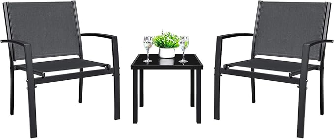 Tuoze 3 Pieces Patio Furniture Set Outdoor Garden Conversation Sets Modern Porch Furniture Lawn Chairs with Glass Coffee Table for Poolside Backyard Balcony,Black