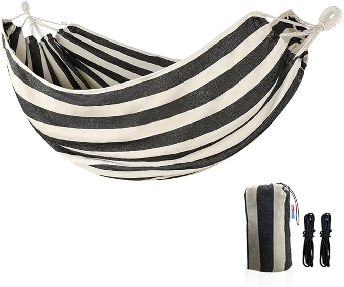Cotton Canvas Hammock, Comfortable Fabric Camping Hammock with Tree Straps, Up to 440lbs with Travel Bag for Camping Outdoor/Indoor Patio Backyard(Black&White, Without bar)