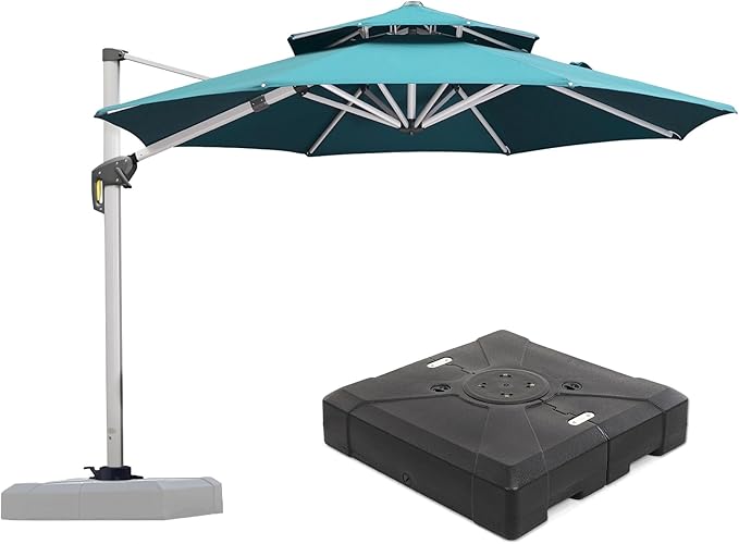 PURPLE LEAF 10 FT Cantilever Patio Umbrellas with Base Included, Large Round Offset Umbrella with 360° Rotation, Outdoor Aluminum Pool Umbrella for Pool Lawn Garden, Turquiose Blue