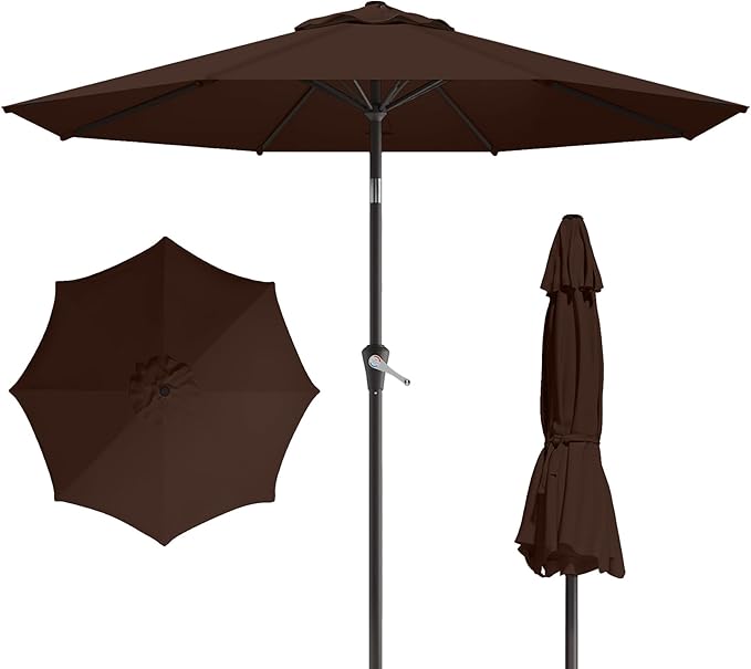 10FT Patio Umbrella, Outdoor Umbrella with Push Button Tilt and Crank, 8 Sturdy Ribs, UV Protection & Waterproof Market Umbrella for Pool, Backyard, Beach,Deck (Brown)