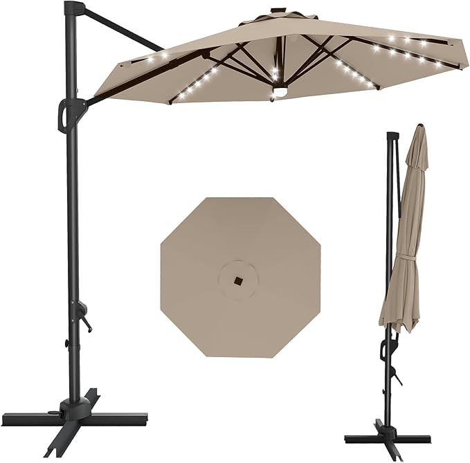 GarveeLife 10 ft Cantilever Umbrella Outdoor Patio Umbrella Solar LED w/Base Included Market Offset Umbrella Sun Shade Windproof with 360-Degree Rotation for Patio Garden Deck Pool, Tan