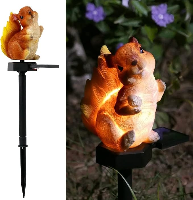 Squirrel Garden Decor Solar Lights Outdoor Decorations Pathway Stakes | Squirrel Yard Decor Decorative Statue Lawn Ornaments Porch Cute Animal Figurines Flowerbed Resin Waterproof Housewarming Gift