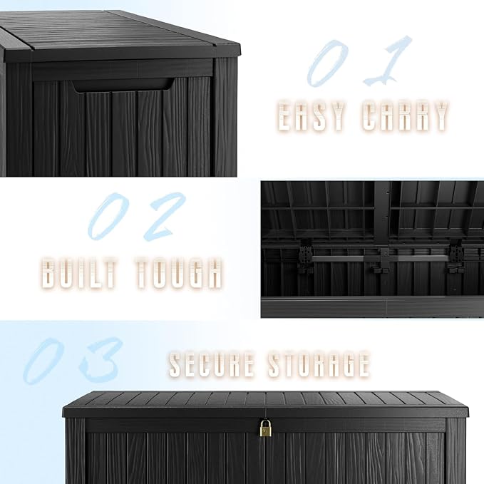 TARKARI 280 Gallon Resin Deck Box, Waterproof Outdoor Storage Box, Lockable for Patio Furniture, Garden Tools, Pool Accessories, UV-Resistant for All Weather Use, Black