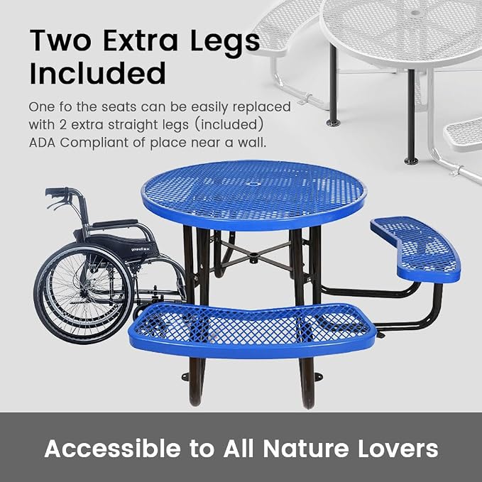 46" Round Metal Picnic Table for 4-8 Person, Durable Heavy Duty Commercial Picnic Table with Umbrella Hole for Outdoor Coffee Shop, School, Hospital, Easy to Install, Blue