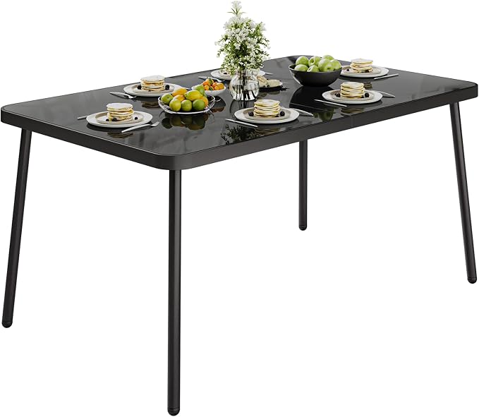 GarveeLife 59 in Tempered Glass Patio Dining Table with Metal Frame, 4-6 Person Rectangular Table for Porch Balcony Backyard Poolside, Black