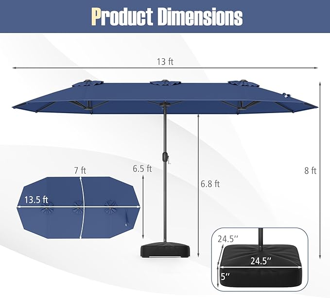 Tangkula 13FT Double-sided Patio Umbrella, Extra Large Twin Table Umbrella with Crank Handle, Umbrella Base, Safety Lock, Air Vent, Outdoor Market Umbrella for Garden Pool Backyard (Navy)