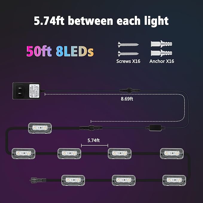 ZAIYW Outdoor Fence Lights 50ft 8 Pack, Smart RGB Build in Chip Color Changing Deck Lights with Timer Remote APP, Plug in LED String Lights Waterproof for Backyard Garden Patio Decor