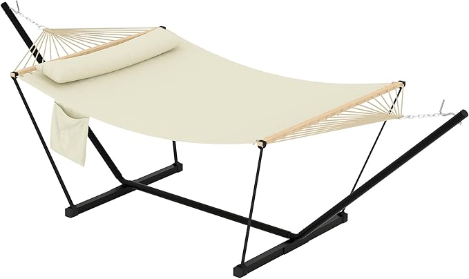 Double Hammock with Stand - Heavy Duty Portable 2 Person Design with Adjustable Steel Stand, Max 450LBS, Ideal for Outdoor Patio, Garden, Beach & Backyard