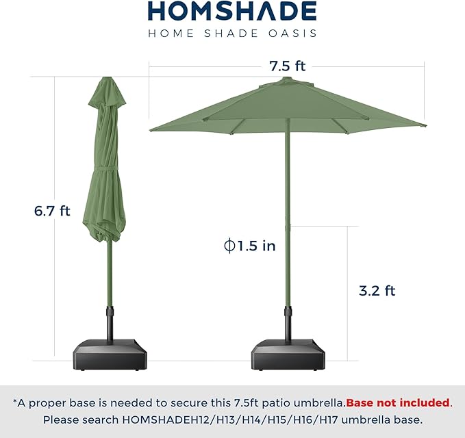 HOMSHADE 7.5ft Outdoor 1S Push-Up Patio Umbrella - Market Table Pool Deck Umbrella UPF50+ UV Protection with 6 Sturdy Ribs for Balcony, Garden, Lawn, Backyard (Light Green)