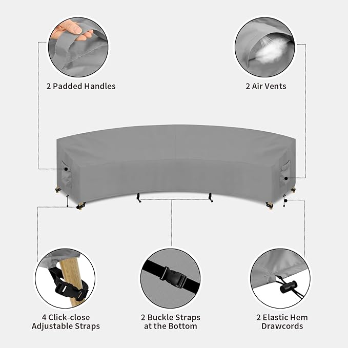 PureFit Outdoor Sectional Sofa Cover Waterproof Curved Patio Furniture Covers for Deck, Lawn and Backyard, 150Lx36Dx38Hx112FL, Grey