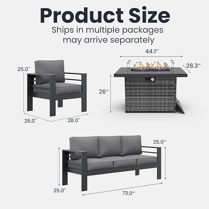 4 Pieces Modern Aluminum Patio Furniture Set with Fire Pit Table, Outdoor Conversation Sets Metal Sectional Sofa