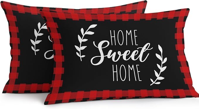 Home Sweet Home Waterproof Outdoor Pillow Covers Set of 2 Home Decor, Leaves Red Buffalo Plaid Lumbar Pillowcase Patio Pillow Covers for Couch Bench Patio Furniture Garden 20x12in