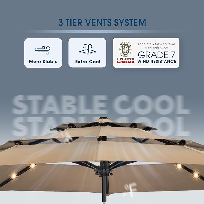 wikiwiki 9FT 3Tiers Solar Led Patio Umbrella, Sturdy Outdoor Market Umbrella for Deck, Pool, Garden w/Tilt, Crank, 32 LED Lights, Tan
